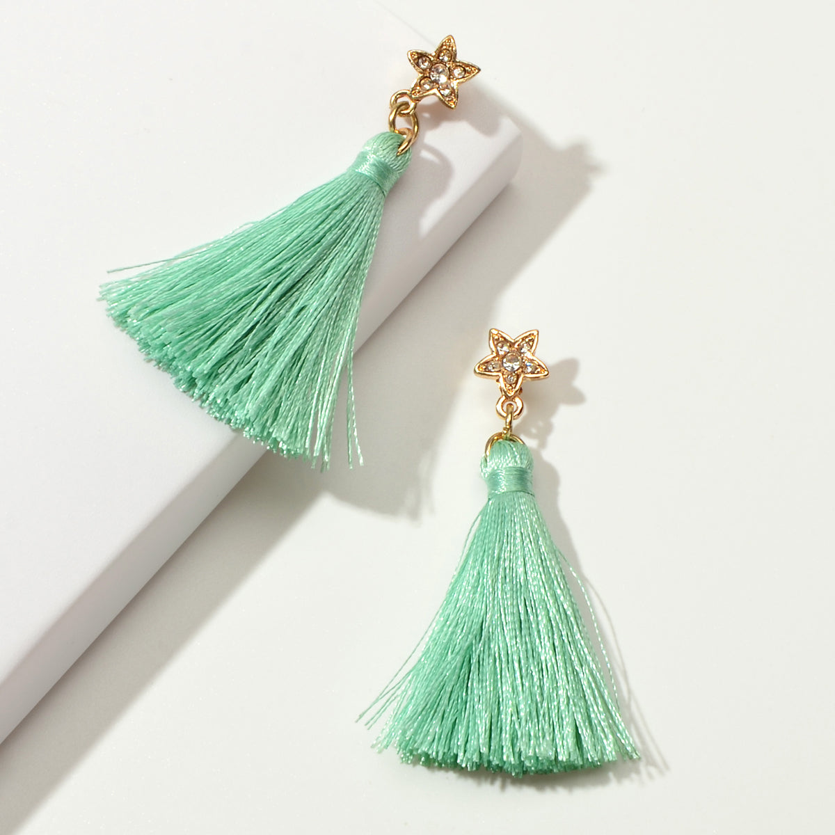 Bohemian Ethnic Jewellery Rhinestone Star Green Tassel Dangle Holiday Earrings-3