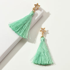 Bohemian Ethnic Jewellery Rhinestone Star Green Tassel Dangle Holiday Earrings-3