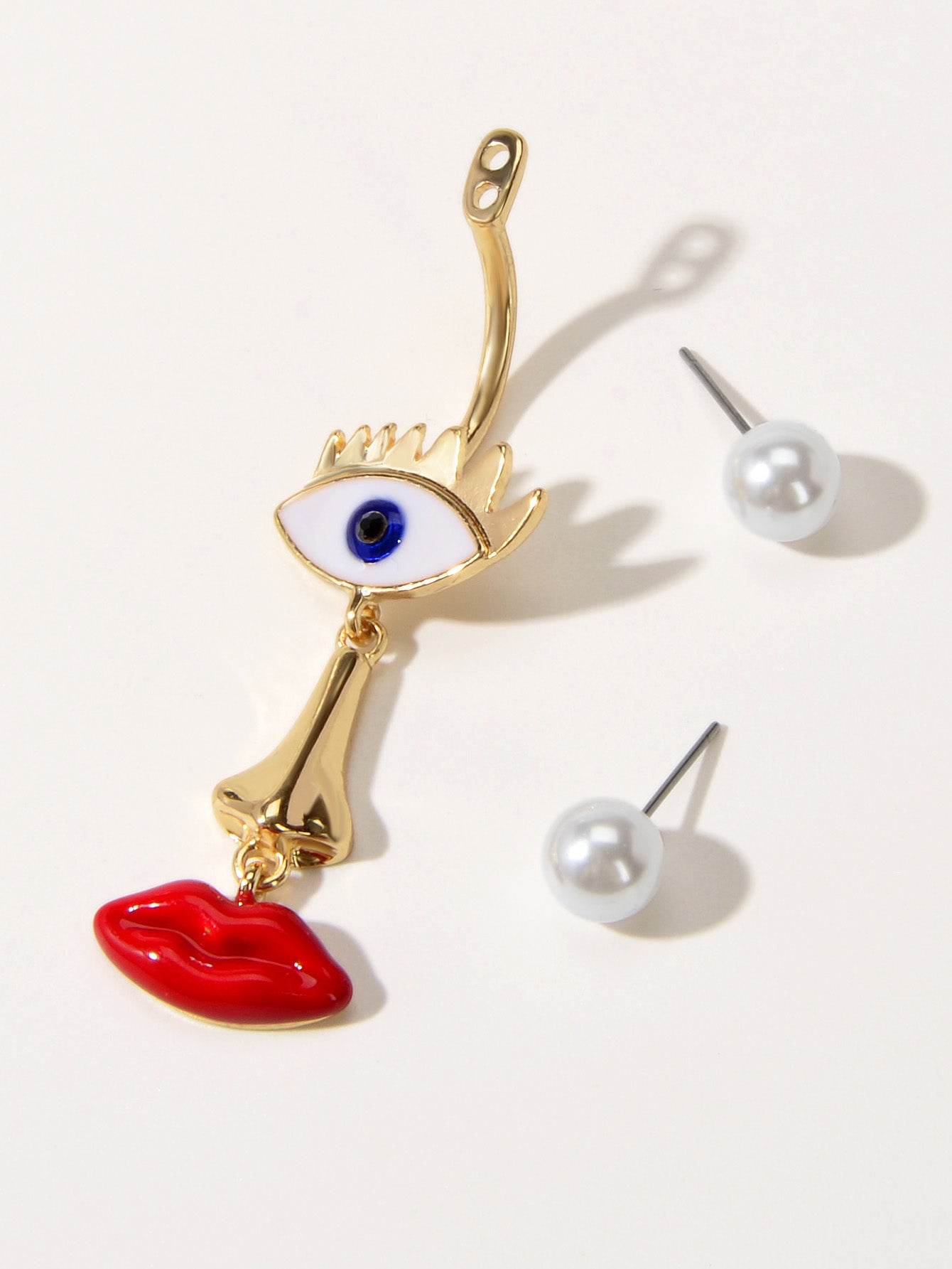 Grunge Rock Asymmetrical Eye Nose Red Lips Funny Weird Face Pearl Stud Earrings-3
