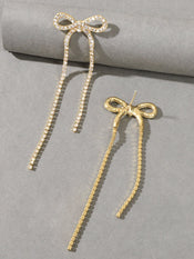 Clear Rhinestone Crystal Tassel Sparkle Bow Tie Dangle Bridal Wedding Earrings-3 width=100 