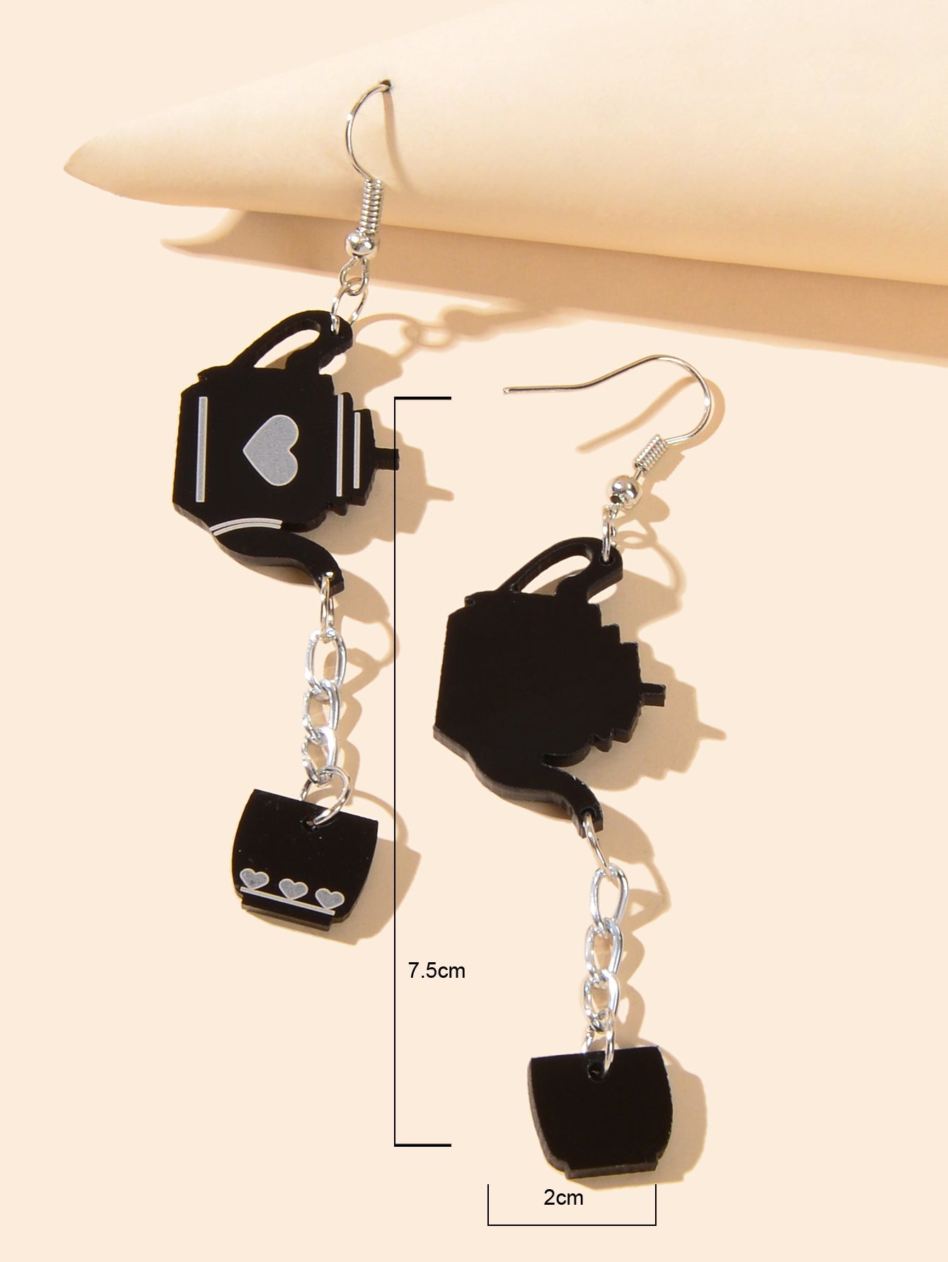 Heart Pattern Black Resin Teapot Cup Dangle Punk Hip Hop Earrings Teens Jewelry-3