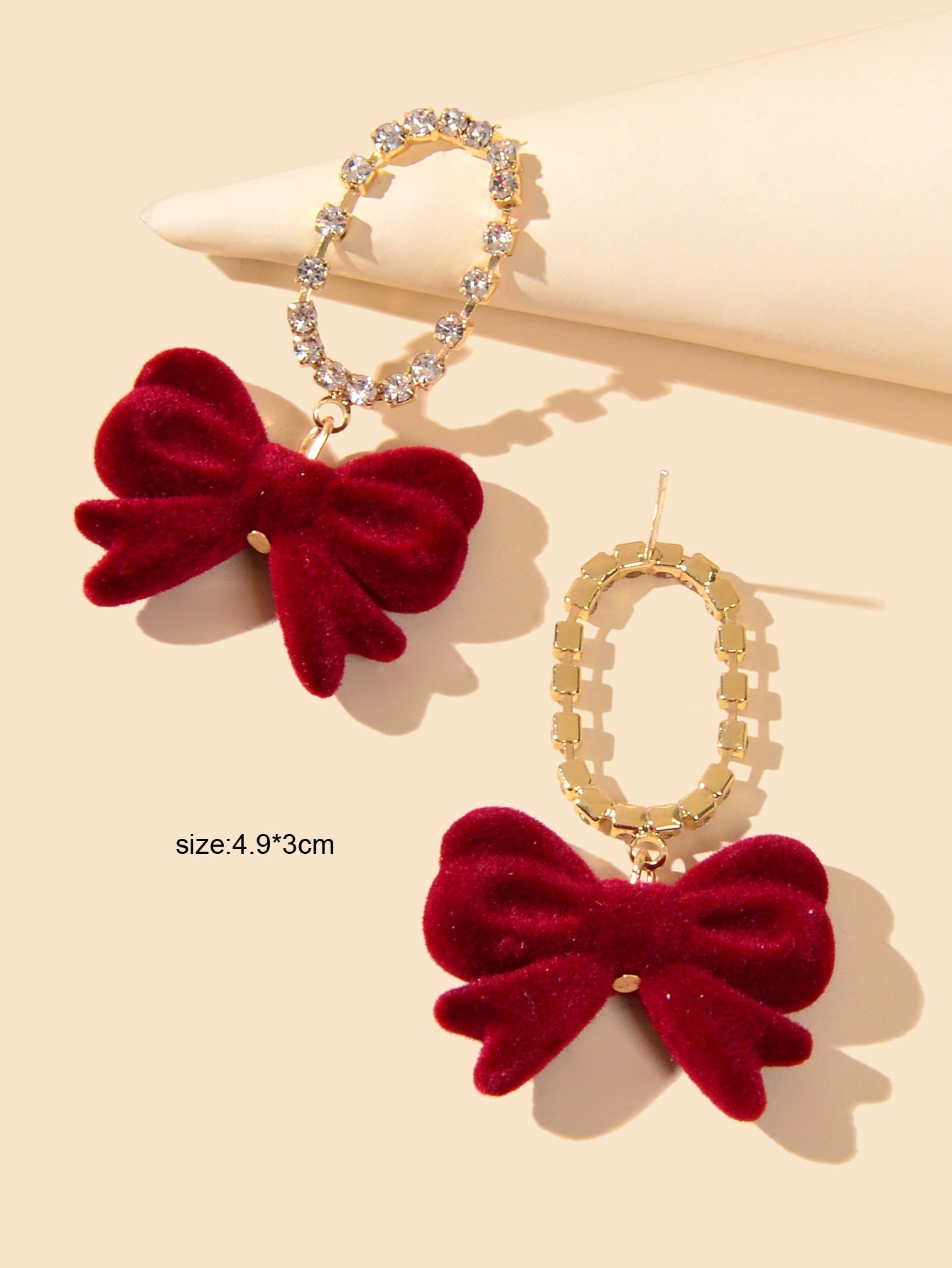 Sparkly Ribbon Bow Dangle Rhinestone Winered Vintage Square Bow Tie Earrings-3