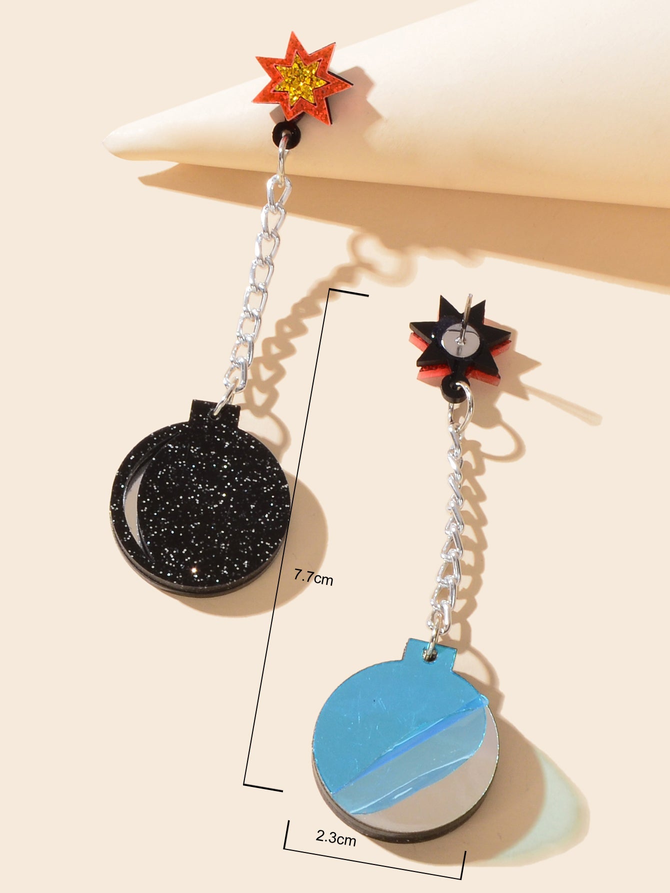 Shiny Long Silver Chain Acrylic Black Bomb Design Charm Party Nightclub Earrings-3