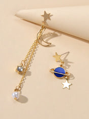 Asymmetric Pearl Rhinestone Decor Long Chain Star Moon Planet Dangle Earrings-3 width=100 
