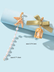 Elegant Asymmetrical Green Bow tie Gold Bird Birdcage Pearl Long Chain Earrings-3 width=100 