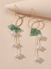 Charming Pearl Green Hotpink Resin Leaf Charm Gold Circle Dangle Women Earrings-3 width=100 