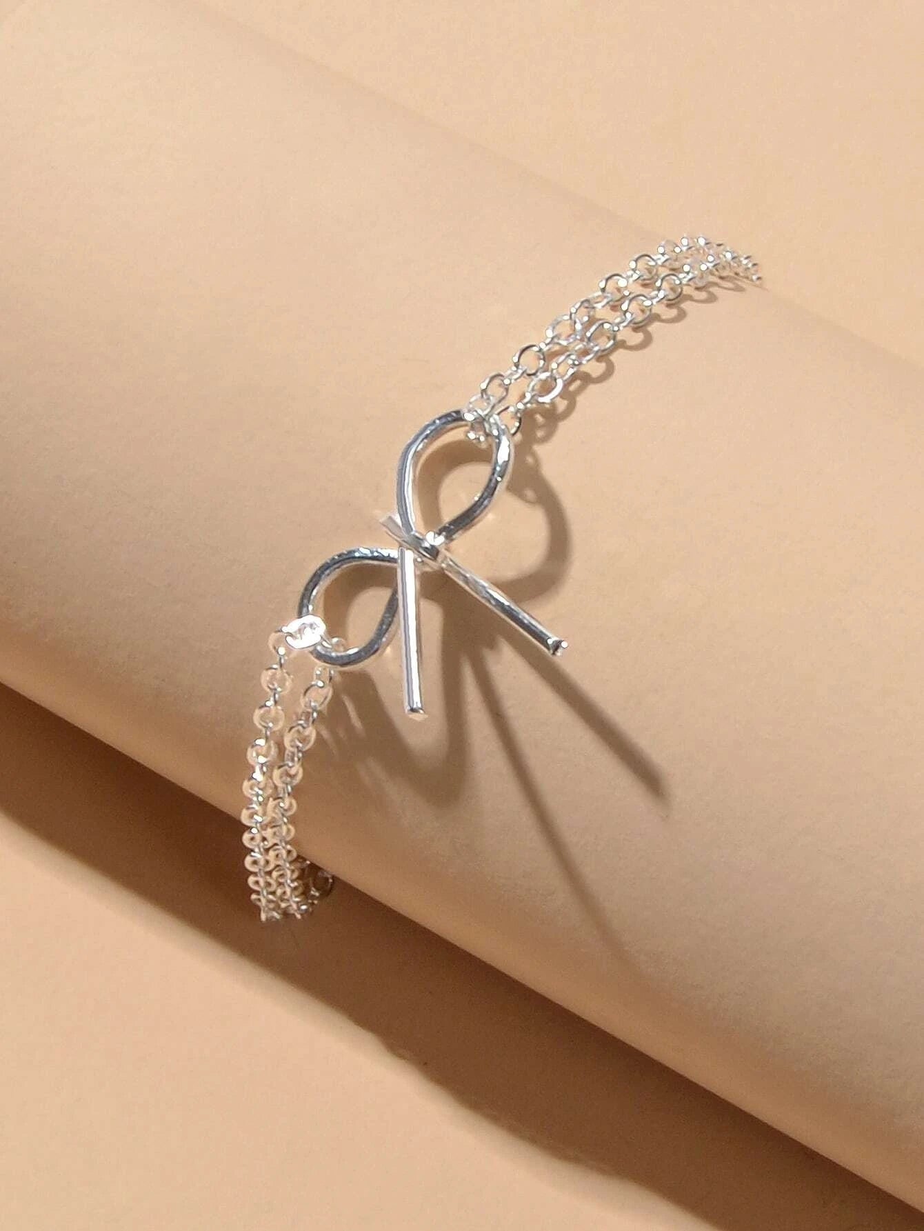 Minimalist Summer Gold Silver Bow Double Layer Chain Anklet Holiday Foot Jewelry-3