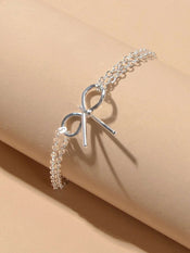 Minimalist Summer Gold Silver Bow Double Layer Chain Anklet Holiday Foot Jewelry-3 width=100 
