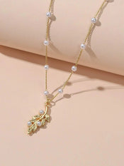 Feelontop Fashion Jewellery Pearl Gold Leaf Pendant Necklace Women Accessories-3 width=100 