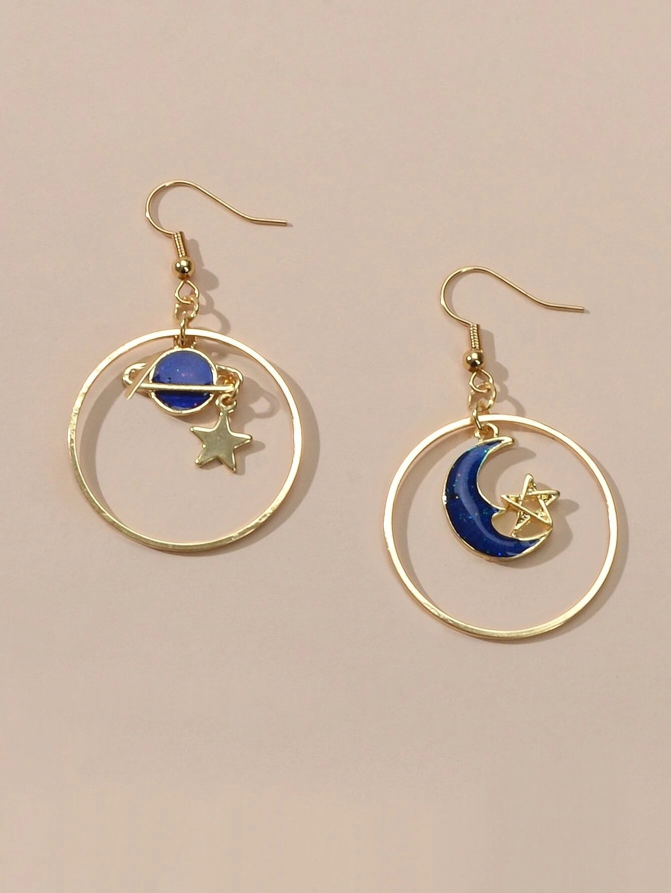 Star Moon Planet Globe Circle Asymmetric Dangle Women Teens Round Hoop Earrings-3