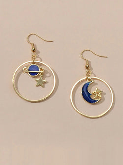 Star Moon Planet Globe Circle Asymmetric Dangle Women Teens Round Hoop Earrings-3 width=100 