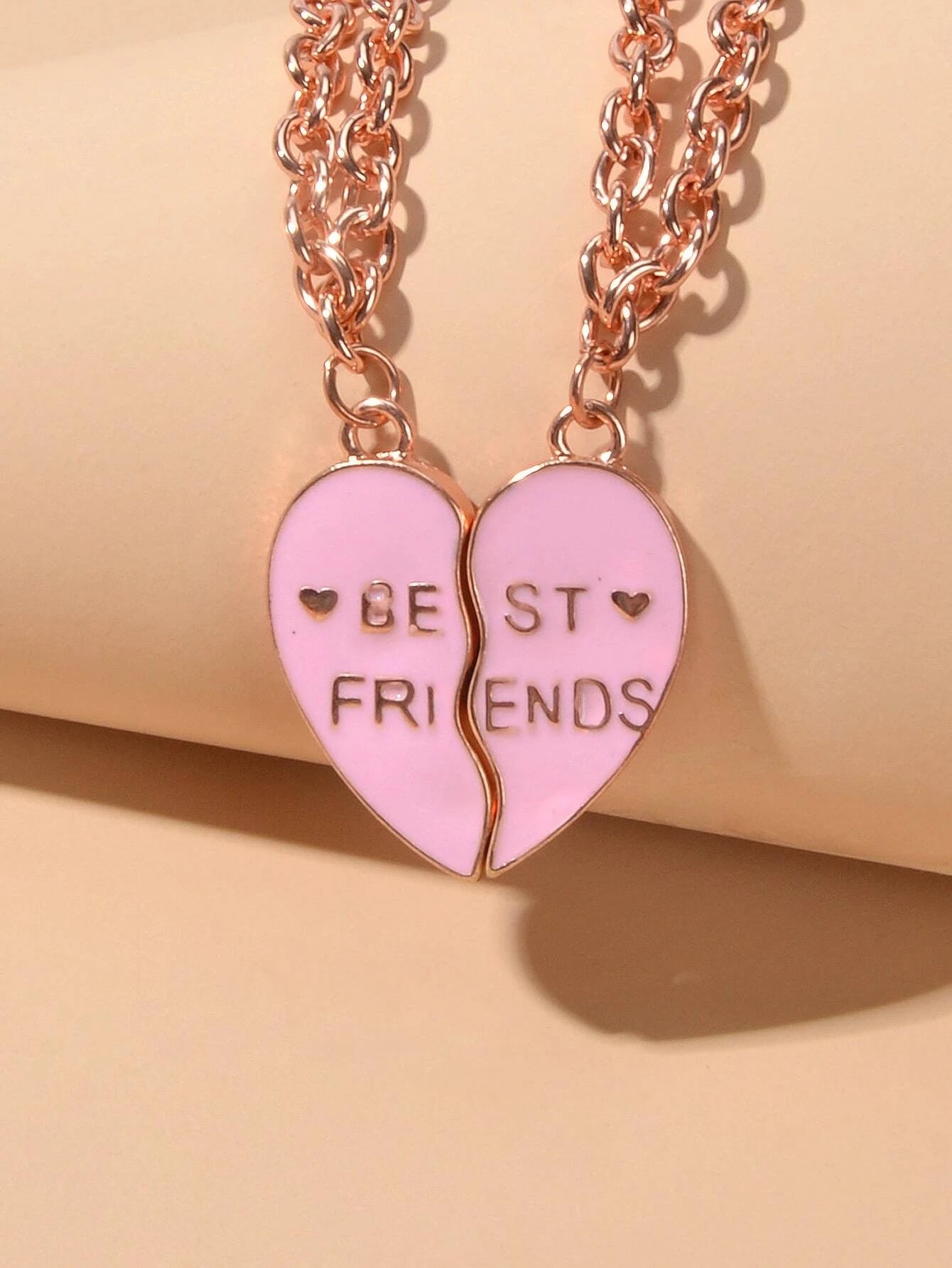 2pcs Rosegold Chain Black Pink Enamel Love Heart Charm Best Friends Bracelet-3