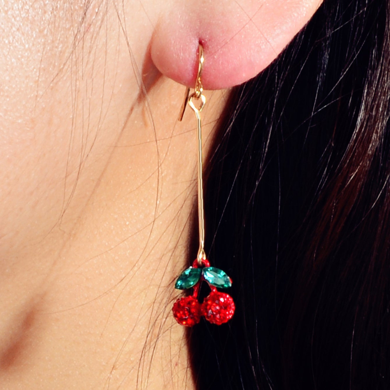 Gift Jewellery Cute Funny Green Crystal Red Cherry Long Dangle Pendant Earrings-4