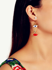 Grunge Rock Asymmetrical Eye Nose Red Lips Funny Weird Face Pearl Stud Earrings-4 width=100 