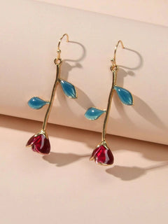 Feelontop Winered Rose Flower Drop Dangle Earrings Women Teens Party Accessories-4
