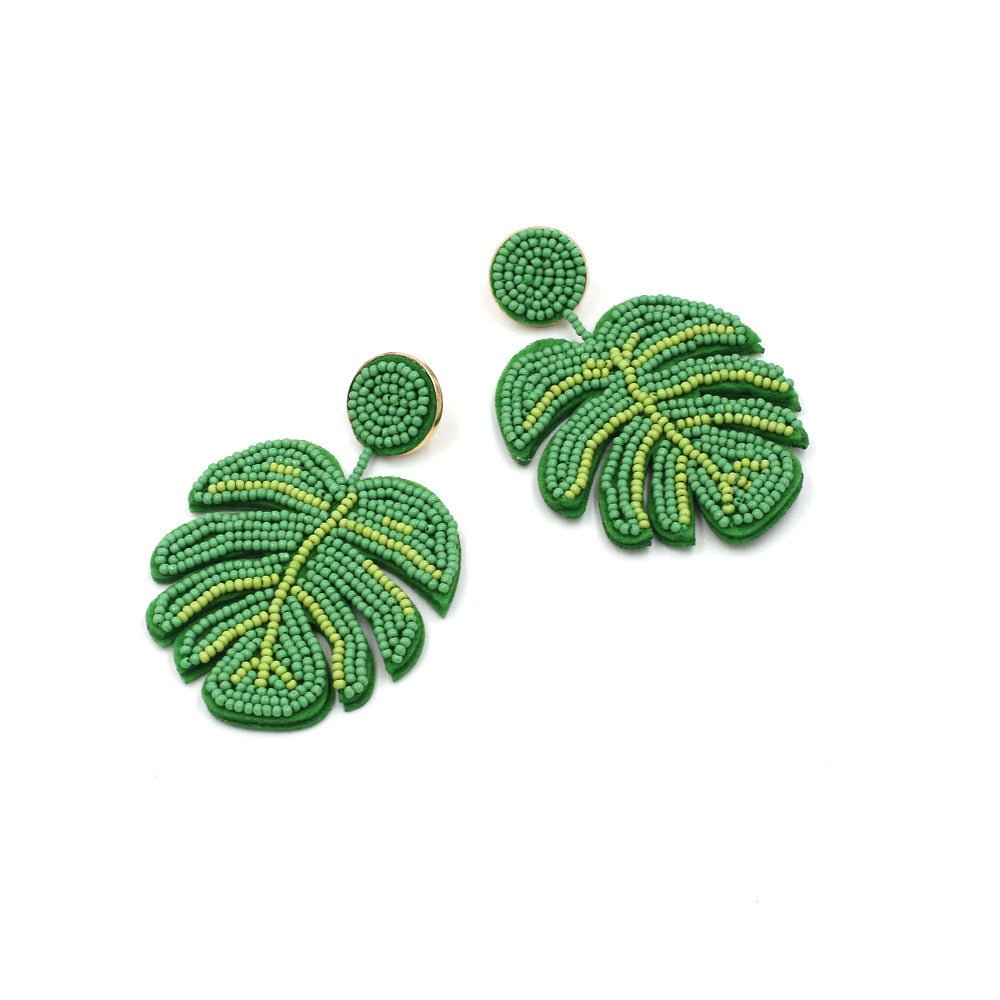 Hand-woven Rice Bead Leaf Earrings