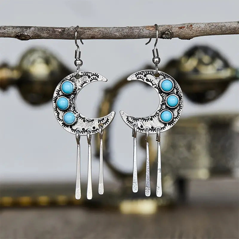 "Elowen" Three Beads Moon Earrings