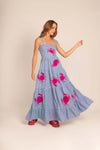 "Gloria" Blue Plaid Pink Crab Maxi Dress