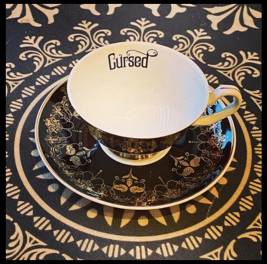 Black Nouveau Cursed Insult Teacup and Saucer by Miss Havisham-0