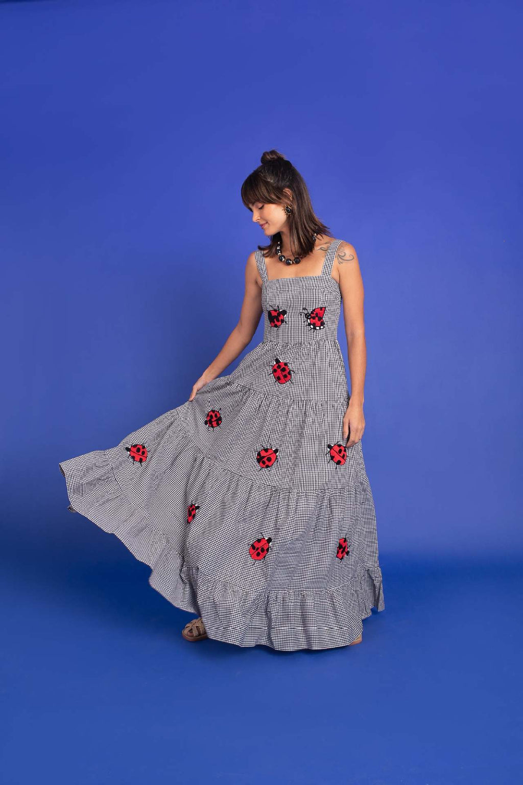 "Dorothy" Black Plaid Ladybird Maxi Dress