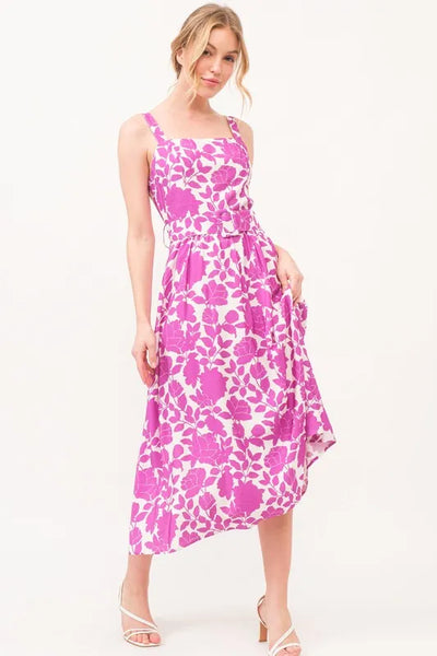 "And The Why" Square Neck Belted Floral Printed Midi Dress