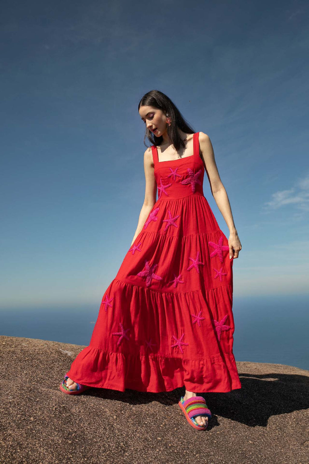 "Betty" Red Pink Starfish Maxi Dress