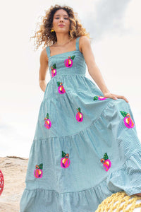 "Estelle" Green Grid Color Fruit Maxi Dress