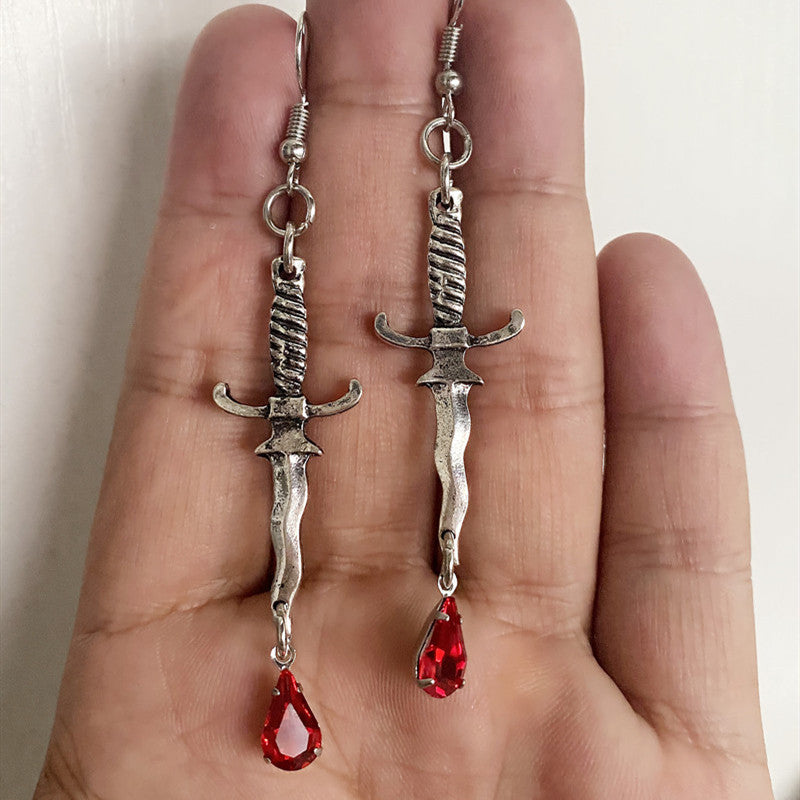 Dagger and Red Drop Earrings