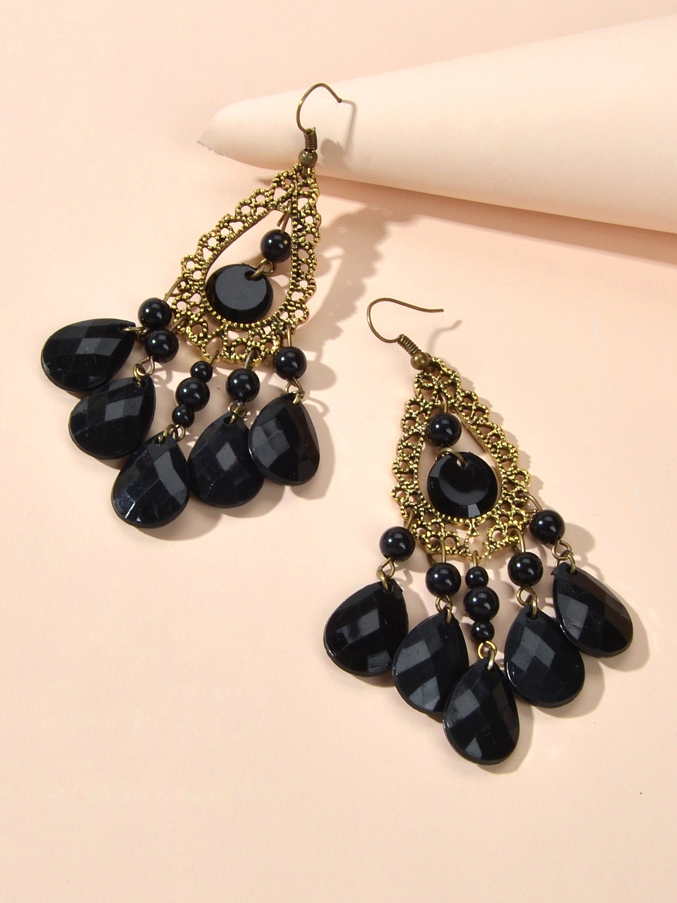 Bohemian Retro Jewellery Black Water Drop Beads Antique Gold Chandelier Earrings-2