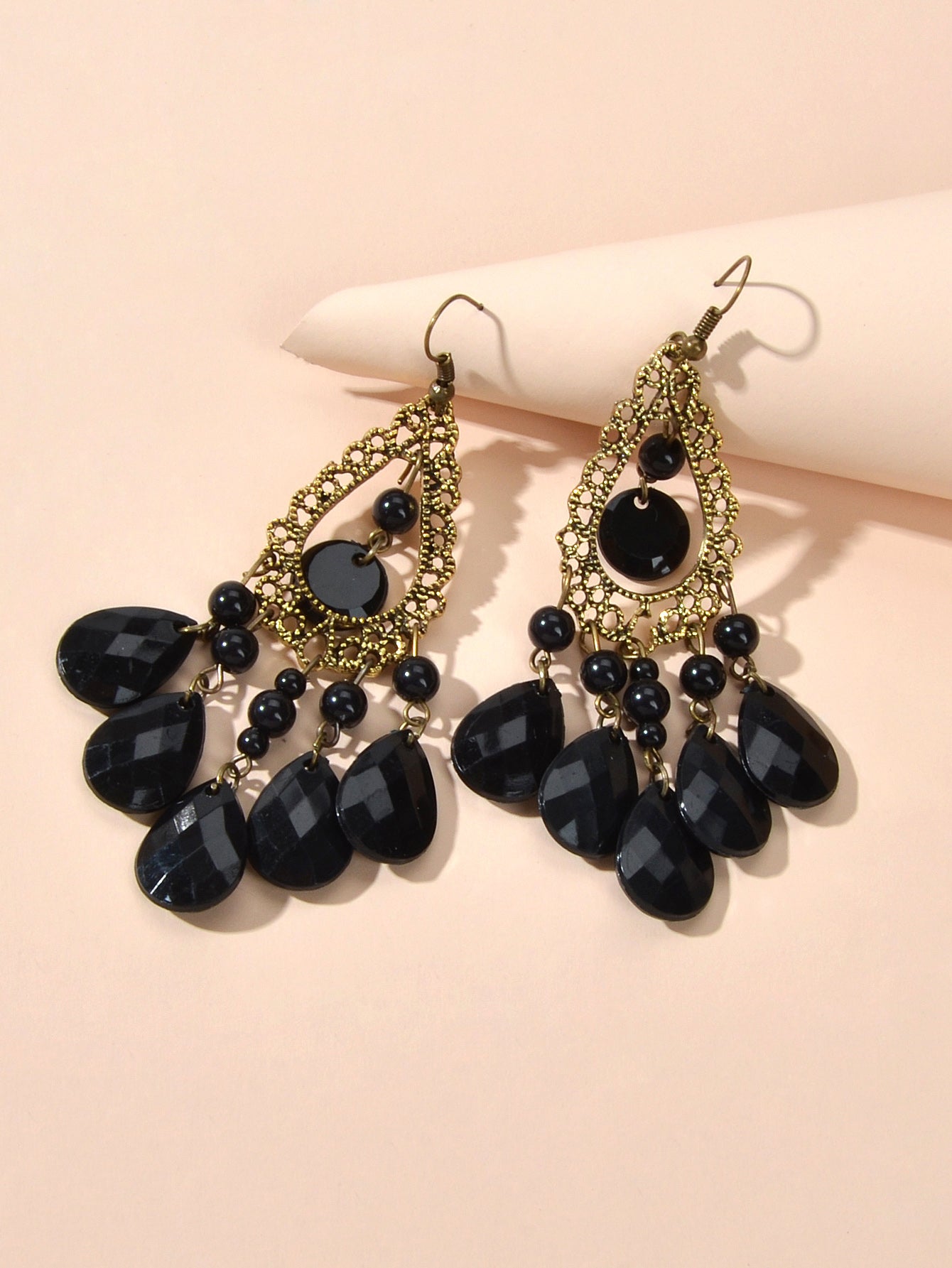 Bohemian Retro Jewellery Black Water Drop Beads Antique Gold Chandelier Earrings-3