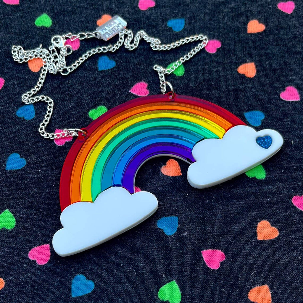 Mirrored Rainbow Acrylic Statement Necklace With Clouds-0