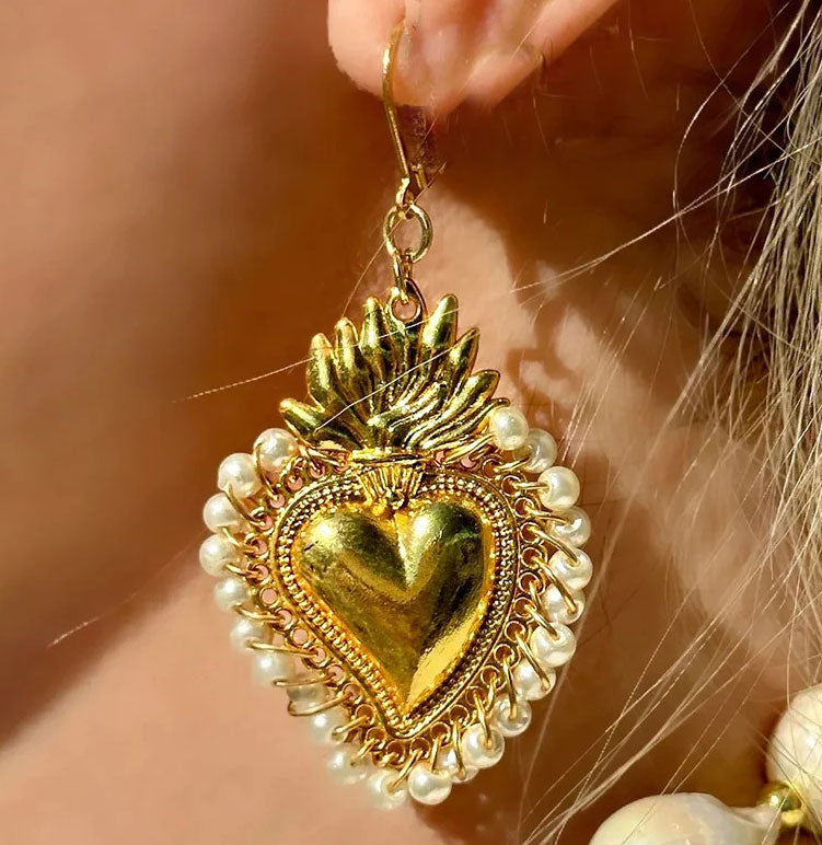 "Augusta" Flaming Heart and Pearl Earrings