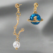 Good Quality Asymmetric Gold Metal Star Moon Pearl Charm Planet Dangle Earrings-4 width=100 