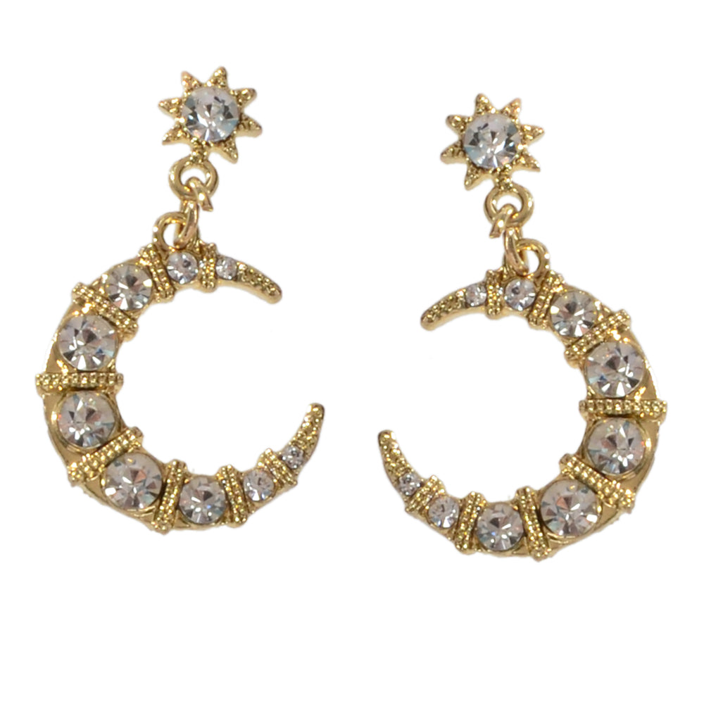 Textured Luxury Full Rhinestone Star Moon Dangle Earrings Wedding Gift Jewellery-4