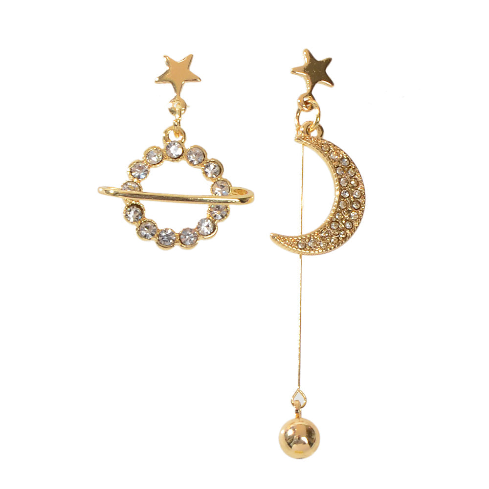 Fashion Rhinestone Ball Pendant Gold Moon Planet Asymmetric Drop Dangle Earrings-3