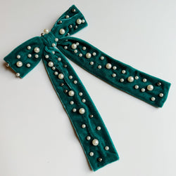 Pearl Throwed Velvet Bow Hair Clip-3 width=100 