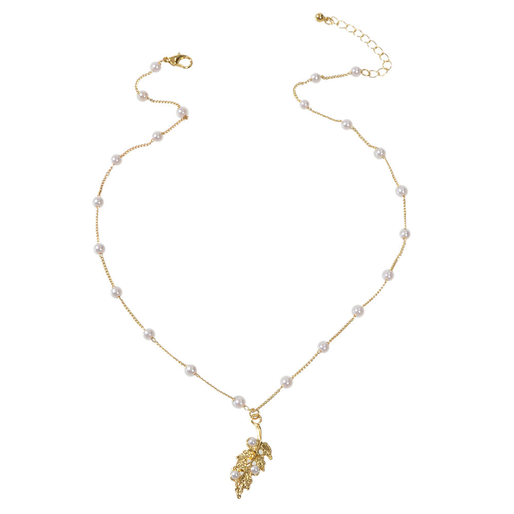 Feelontop Fashion Jewellery Pearl Gold Leaf Pendant Necklace Women Accessories-4