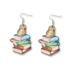 "Hector" Owl and Books Earrings