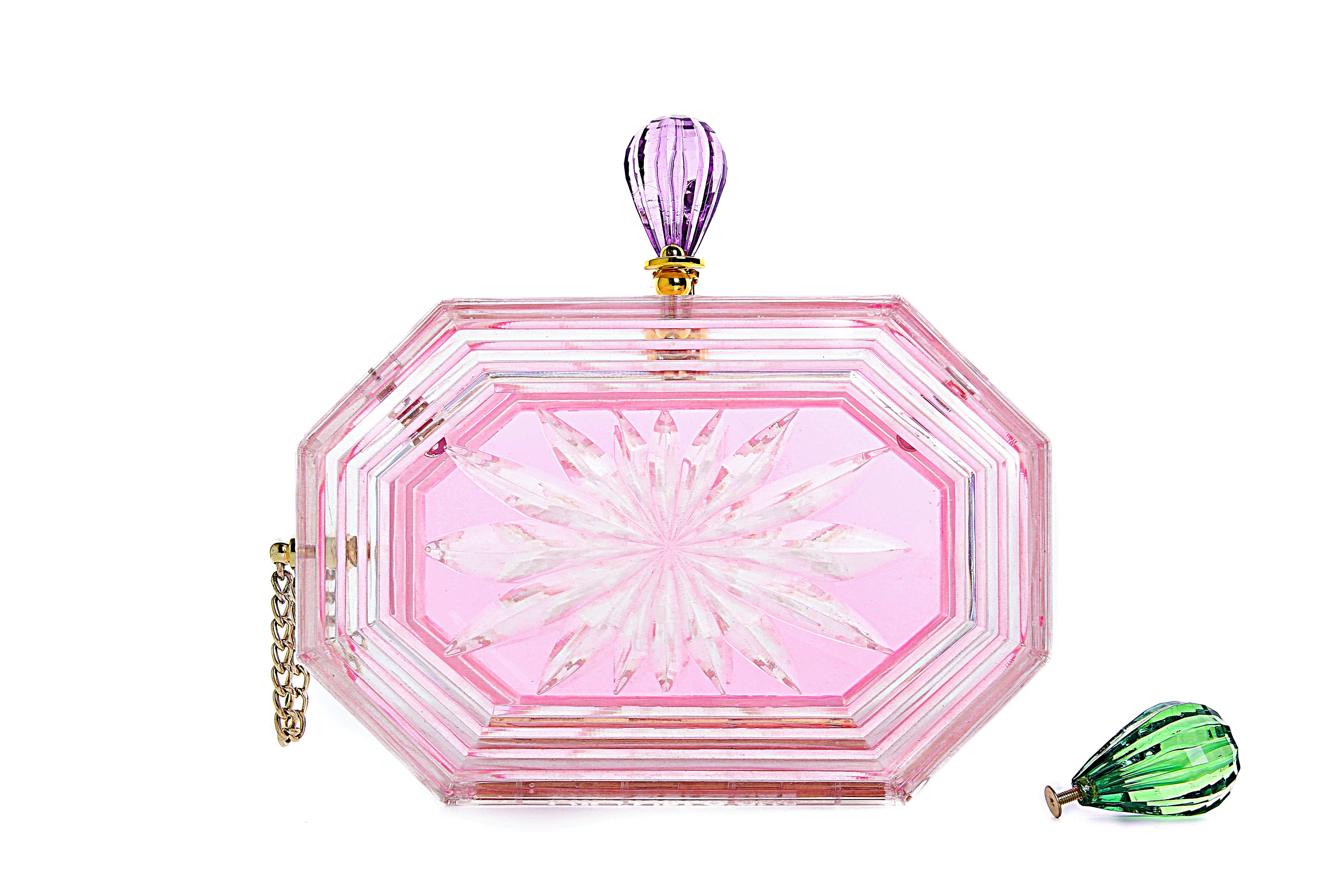 Perfume Bottle Clear Flower Cut Acrylic Box Clutch-Pink-3