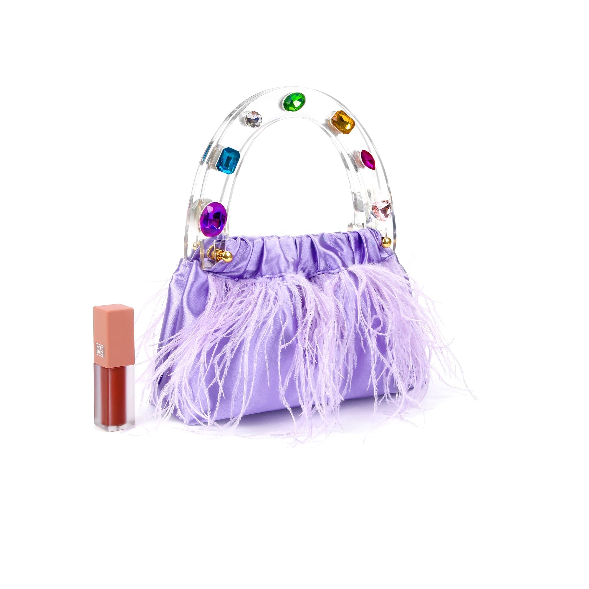 Regal Purple Diamond-Adorned Feather Acrylic Top Handle Bag-3