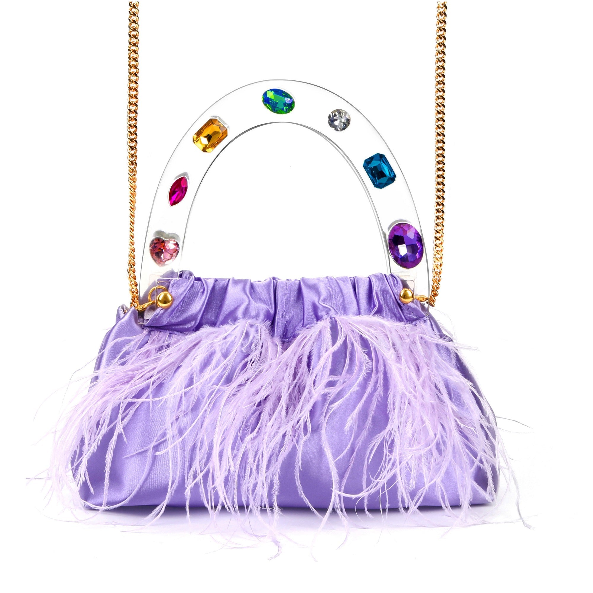 Regal Purple Diamond-Adorned Feather Acrylic Top Handle Bag-0