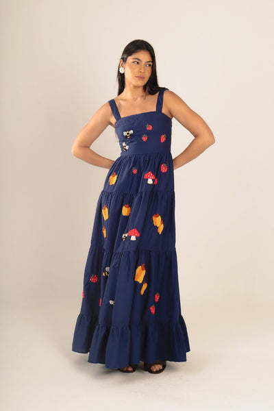 "Marlene" Dark Blue Strawberry Bee Maxi Dress