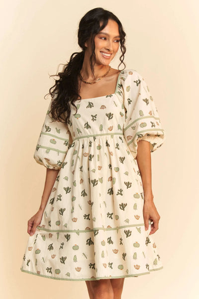 "Davi & Dani" Cactus Printed Poplin Contrast Piping Mini Dress