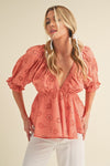 Aemi + Co Eyelet Embroidered V-Neck Half Sleeve Peplum Blouse-0