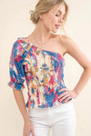 And The Why Allover Floral Print Smocked One Shoulder Blouse-0