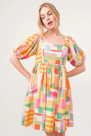 And The Why Square Neck Puff Sleeve Geo Printed Mini Dress-1