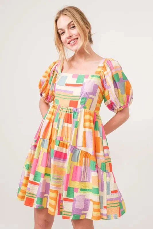 And The Why Square Neck Puff Sleeve Geo Printed Mini Dress-2