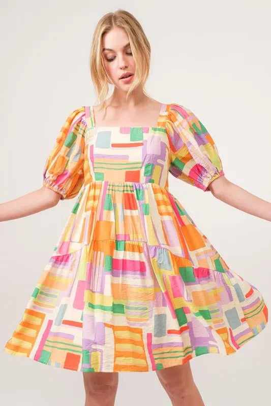 And The Why Square Neck Puff Sleeve Geo Printed Mini Dress-4