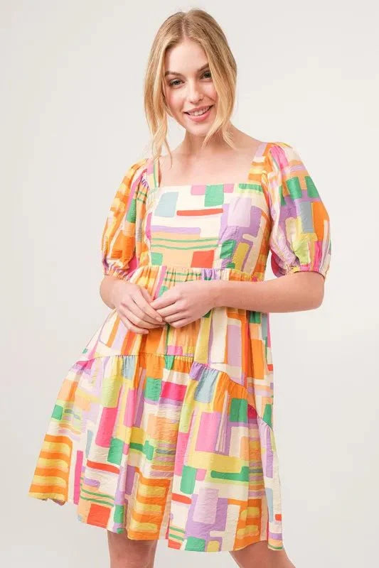 And The Why Square Neck Puff Sleeve Geo Printed Mini Dress-0