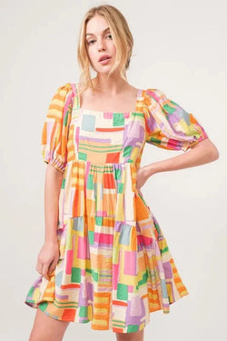 And The Why Square Neck Puff Sleeve Geo Printed Mini Dress-3 width=100 
